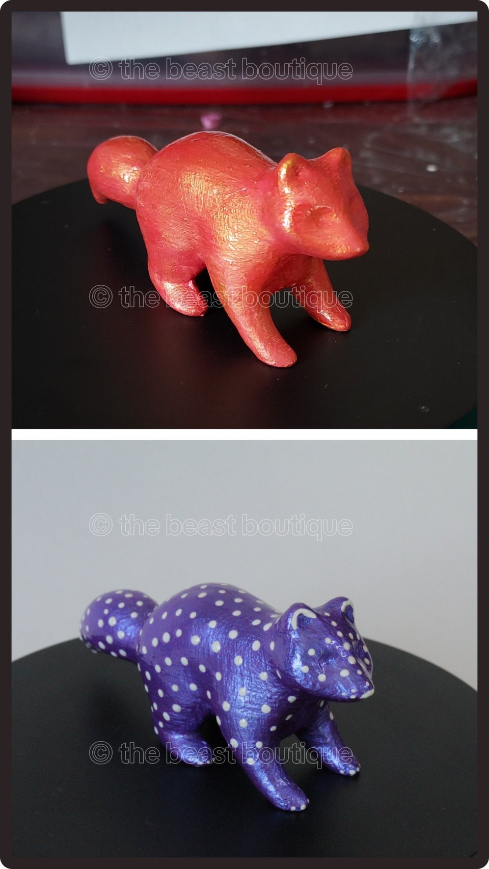 a collage showing two raccoon figurines facing left. On the top, the raccoon is painted in a metallic orangey-red. On the bottom, the raccoon is metallic purple with white polka dots and facial features.
the shop name, the beast boutique, watermarks the image.