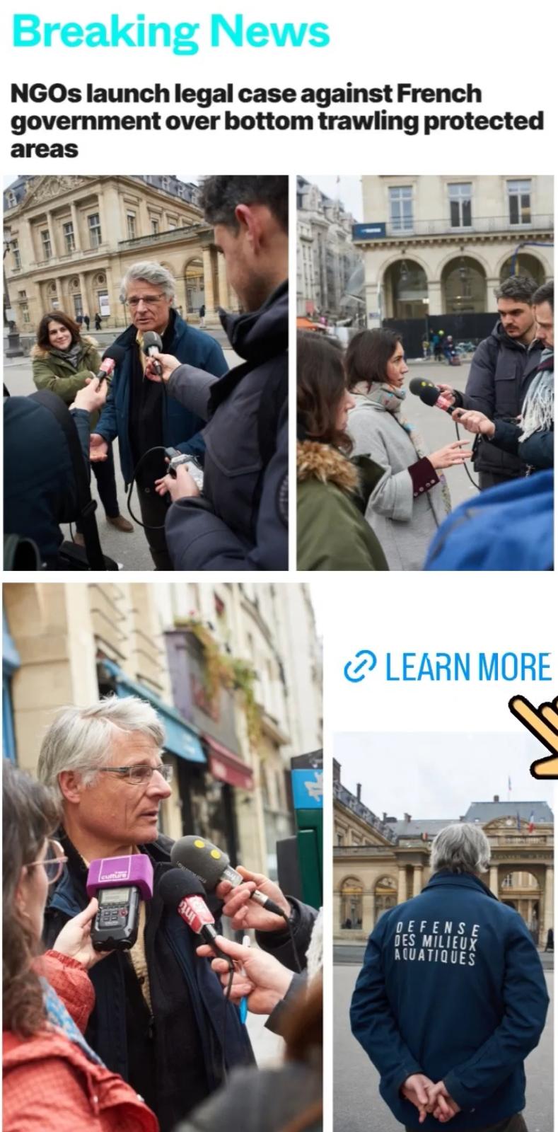 Conférence de presse devant le Conseil d'État à Paris le 11 février 2025 organisée par Environmental Justice Foundation et Défense des Milieux Aquatiques pour dénoncer le chalutage de fond dans les aires marines protégées Natura 2000 de Chausey et des Bancs des Flandres.