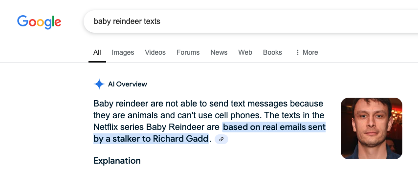 Screenshot of a Google search return. The query text reads, "baby reindeer texts." The AI Overview search return reads, "Baby reindeer are not able to send text messages because they are animals and can't use cell phones. the texts in the Netflix series Baby Reindeer are based on real emails sent by a stalker to Richard Gadd."
