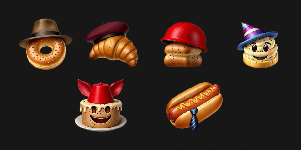 Different baked goods in lovely hats.