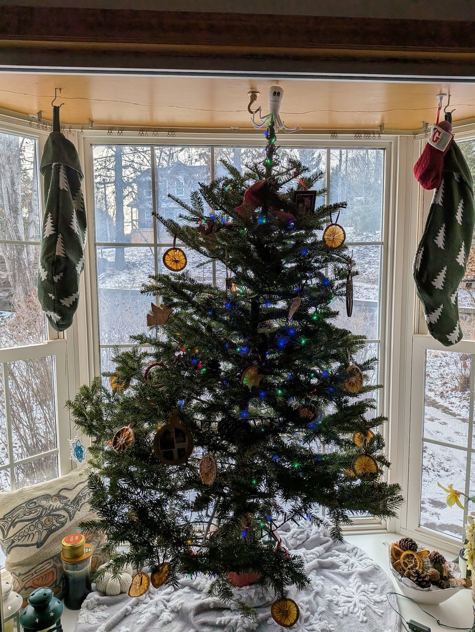 Christmas tree in bay window, adorned with pine cones, dried orange slices, and a few other decorations.