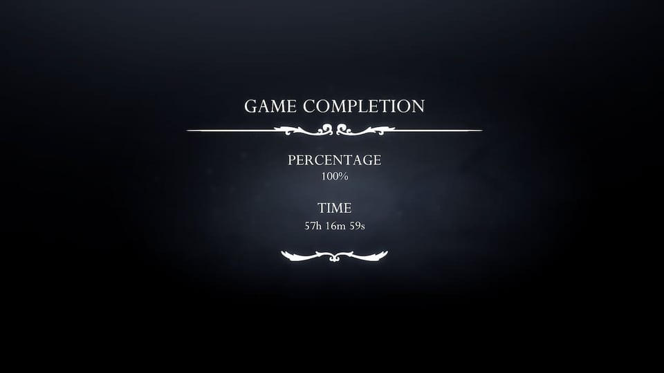 A screenshot of the Game Completion screen for Silksong. Percentage is 100% and Time is 57 hours, 16 minutes, 59 seconds.