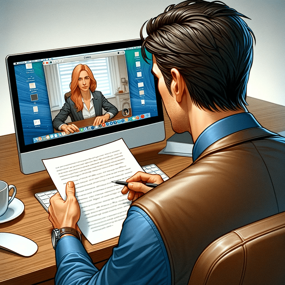 A man on Zoom with a woman. The man is holding a verbatim script in his hand. Like a fool.