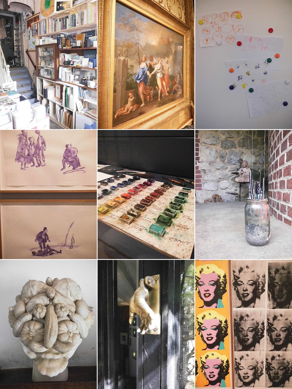 9 digital Instax images in a 3 by 3 grid:
top row: left, a rickety bookstore filled with artists' books; center, an angled photo of Poussin's painting, A Dance To The Music Of Time; right, some childrens' colored drawings held on a white wall by magnets
middle row: left, two watercolors for a study of Waiting for Godot, by Quentin Blake; center, Blake's watercolor pots; right, a jar on a table holding brushes, with a brick wall to the right side, and a small Buddha statue in the background
bottom row: an Arcimboldo-like sculpture of a human face, from a Svankmajer movie; center, a door-knocker in the shape of a downward-posed hand; right, detail of a series of Marilyn Monroe silkscreens by Andy Warhol