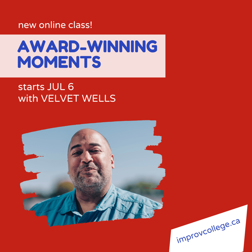 The left two-thirds is composed of the class title "Award-Winning Moments" in blue on a pink rectangle above an image of Velvet against a red background, with improvcollege.ca on tilted white parallelogram in lower right.
