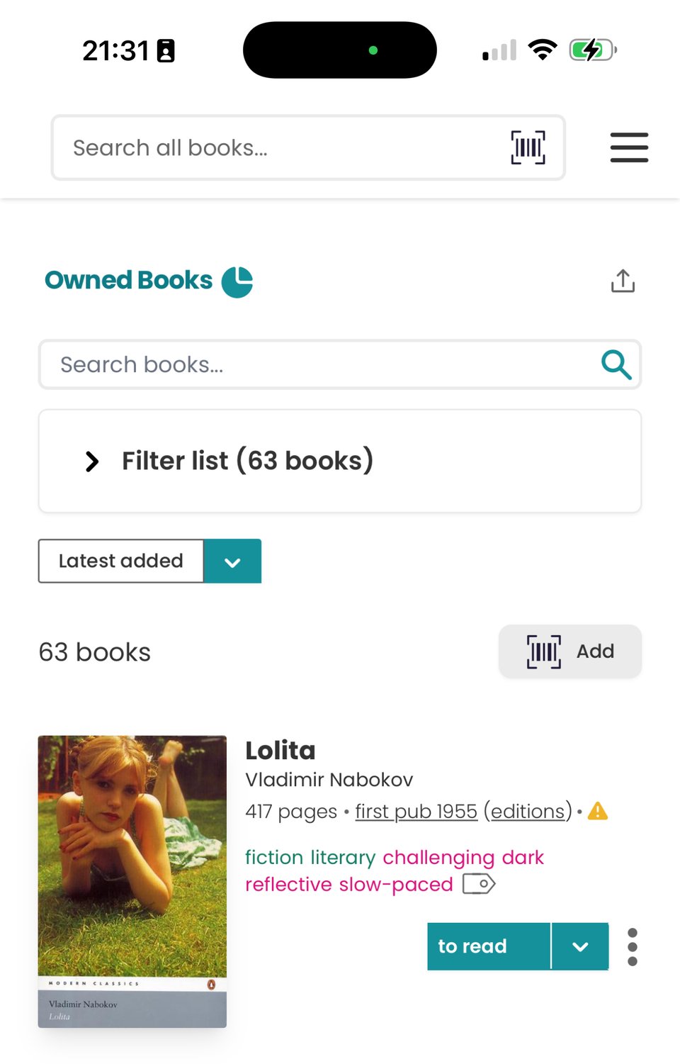 Photo of the top of my Owned Books list where an edition of Lolita is at the top.