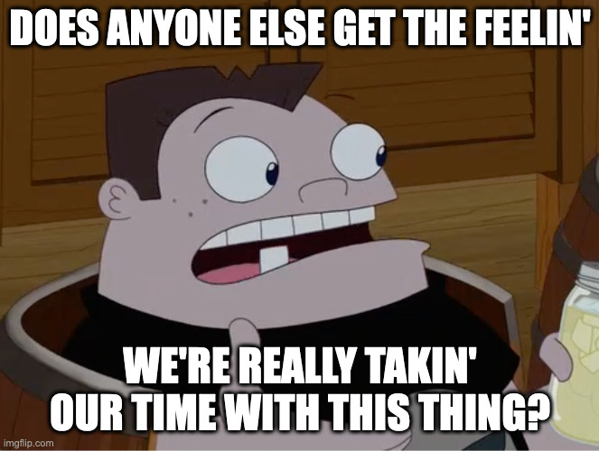 Buford from Phineas & Feb, with the text: Does anyone else get the feelin’ we’re really takin’ our time with this thing?