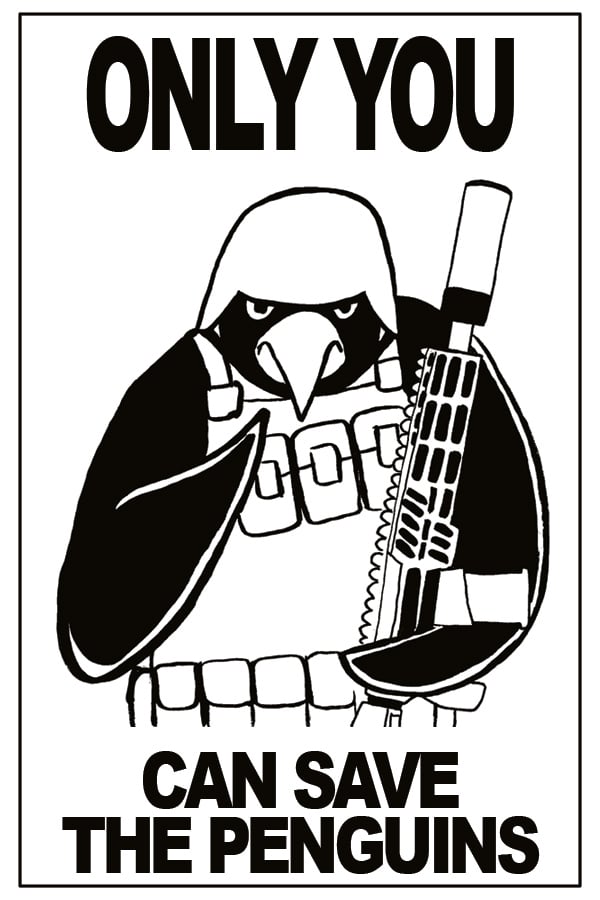 Penguin pointing like Uncle Sam. Only you can save the penguins.