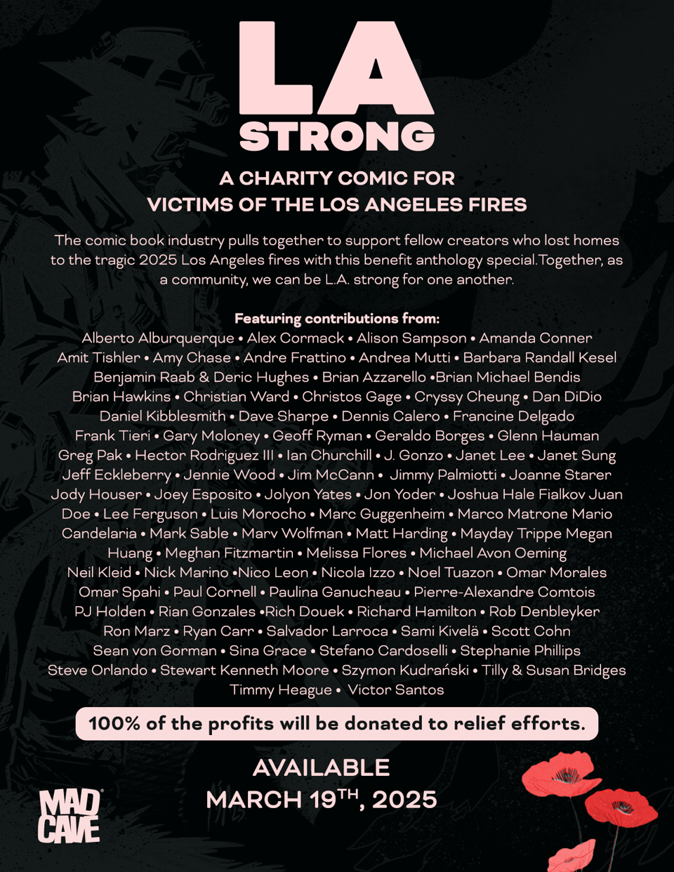 a graphic showing the LA STRONG creator lineup - 100% of the profits will be donated to relief efforts