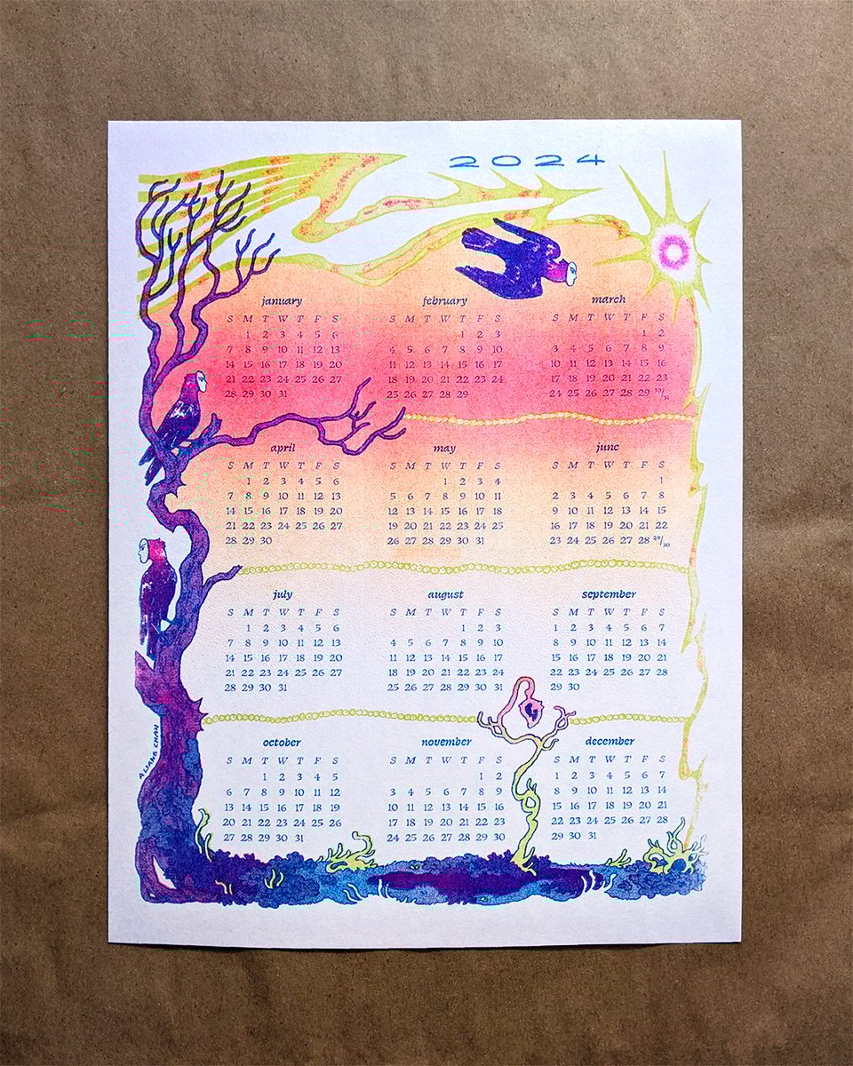 a 1 page riso printed calendar in bright pinks, blues, and lime green: a twisting tree grows up one side, and a shooting star strikes above. bird-like creatures with masked faces perch & fly overhead.