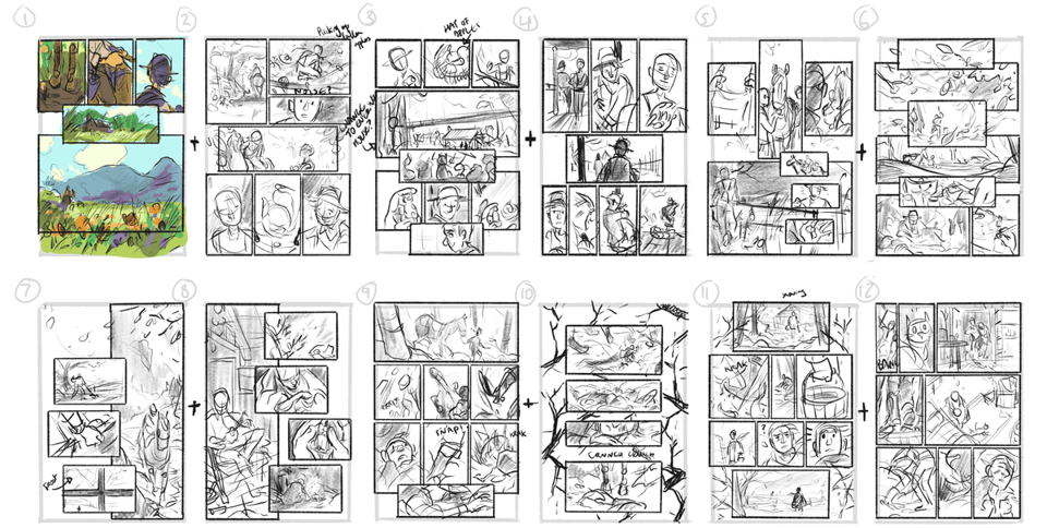Thumbnails for a comic.