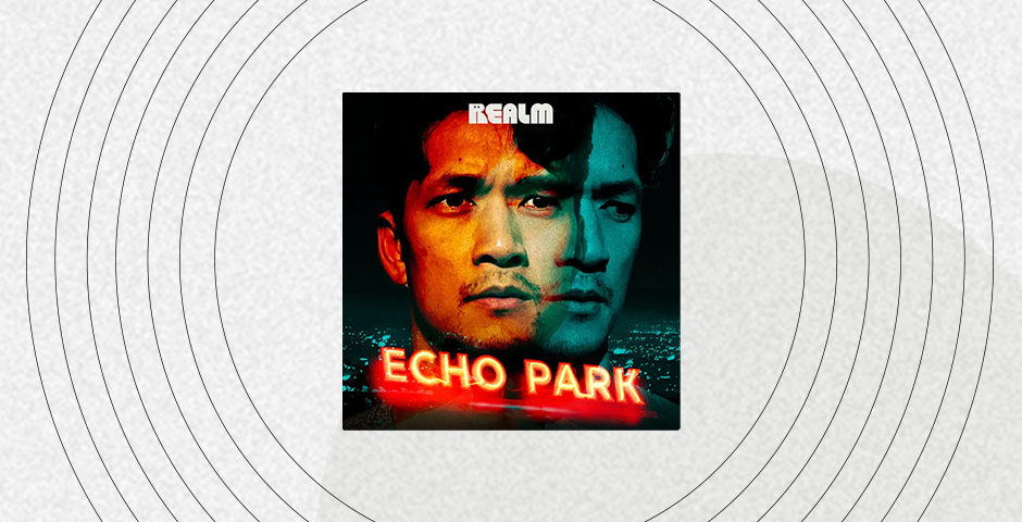 The cover of ECHO PARK. An Asian man, slightly disheveled, looks towards the viewer. A shadowy version of him is overlaid behind, creating the impression of clones. Clones in deep trouble.