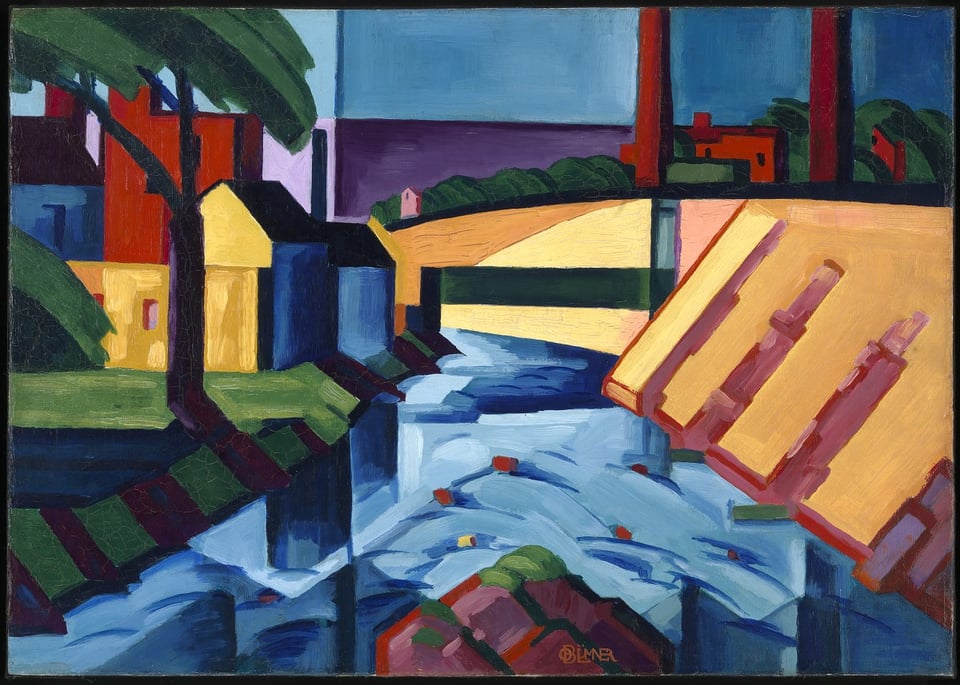 A multicolored painting of nature, factories, housing, and skyscrapers