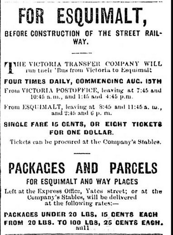 Screenshot of Daily Colonist article from 2 September 1883 advertising the Victoria Transfer Company's bus service to Wsquimalt, including packages and parcels.