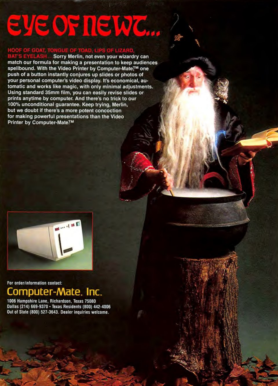 A full-page magazine advertisement depicting a man dressed as a wizard, with an owl perched on his shoulder, stirring a bubbling cauldron while looking confusedly at a large open book in his hand.