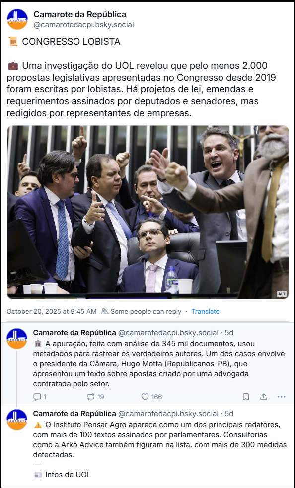 Sequência de três posts de Camarote da República (@camarotedacpi.bsky.social) com o texto: 📜 CONGRESSO LOBISTA 💼 Uma investigação do UOL revelou que pelo menos 2.000 propostas legislativas apresentadas no Congresso desde 2019 foram escritas por lobistas. Há projetos de lei, emendas e requerimentos assinados por deputados e senadores, mas redigidos por representantes de empresas. Imagem de Hugo Motta cercado de deputados berrando e comemorando. Fotografia de Marina Ramos/Câmara dos Deputados 🏛 A apuração, feita com análise de 345 mil documentos, usou metadados para rastrear os verdadeiros autores. Um dos casos envolve o presidente da Câmara, Hugo Motta (Republicanos-PB), que apresentou um texto sobre apostas criado por uma advogada contratada pelo setor. ⚠️ O Instituto Pensar Agro aparece como um dos principais redatores, com mais de 100 textos assinados por parlamentares. Consultorias como a Arko Advice também figuram na lista, com mais de 300 medidas detectadas. — 📰 Infos de UOL