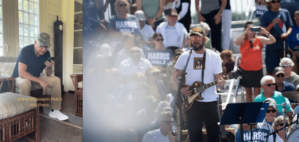 1. Tim Walz wearing the camouflage hat when he got the call from Harris asking him to serve on the ticket (TikTok, 2024); 2. Bon Iver during a campaign rally in August 2024 in Wisconsin (Stephen Maturen/Getty Images, 2024).