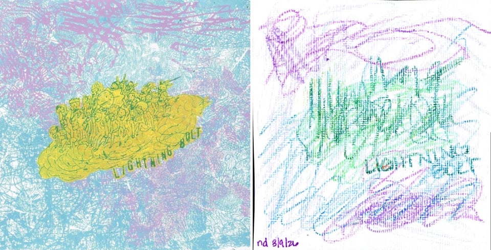 A pen and ink drawing of a large group of people riding on a cloud. The ink is green and the people and cloud are colored yellow. Some of the people may be flower people? They look like they're having a good time. The sky around them is swirls of pink and light blue.