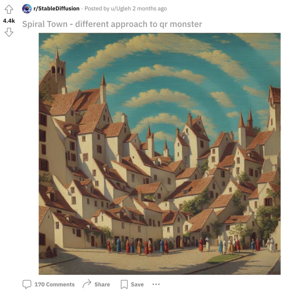 An AI-generated image of a medieval village, done slightly in a cartoonish style, or perhaps in the style of medieval art. The unusual part is that there is a spiral swirl overlaid on the image; it looks almost like a sunny area, brighter area that begins on the periphery of the image and spirals towards the center. As the spiral area overlays on the buildings of the town and the cloudy sky behind it, the brighter areas create a pattern that creates a subtle QR code