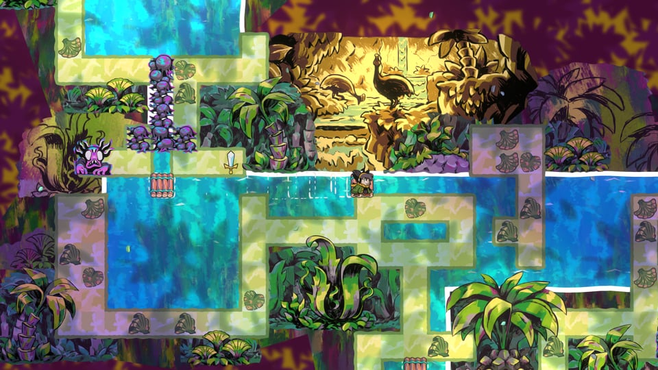 A gameplay screenshot of Jemma on a raft, moving down a river in a strange jungle scene