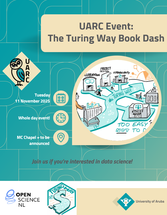 Workshop announcement for a UARC Event on The Turing Way Book Dash. The event takes place on the 11th of November, primarily in the MC Chapel. Join us if you're interested in data science! The poster has the logos of The Turing Way, Open Science NL and the starting image of the Turing Way, which is a pathway to guides on data science that will make collaboration, project design, reproducibility and ethics too easy not to do!