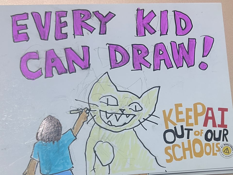 A postcard that says Every Kid can Draw with a little kid holding a pencil to draw a cat.