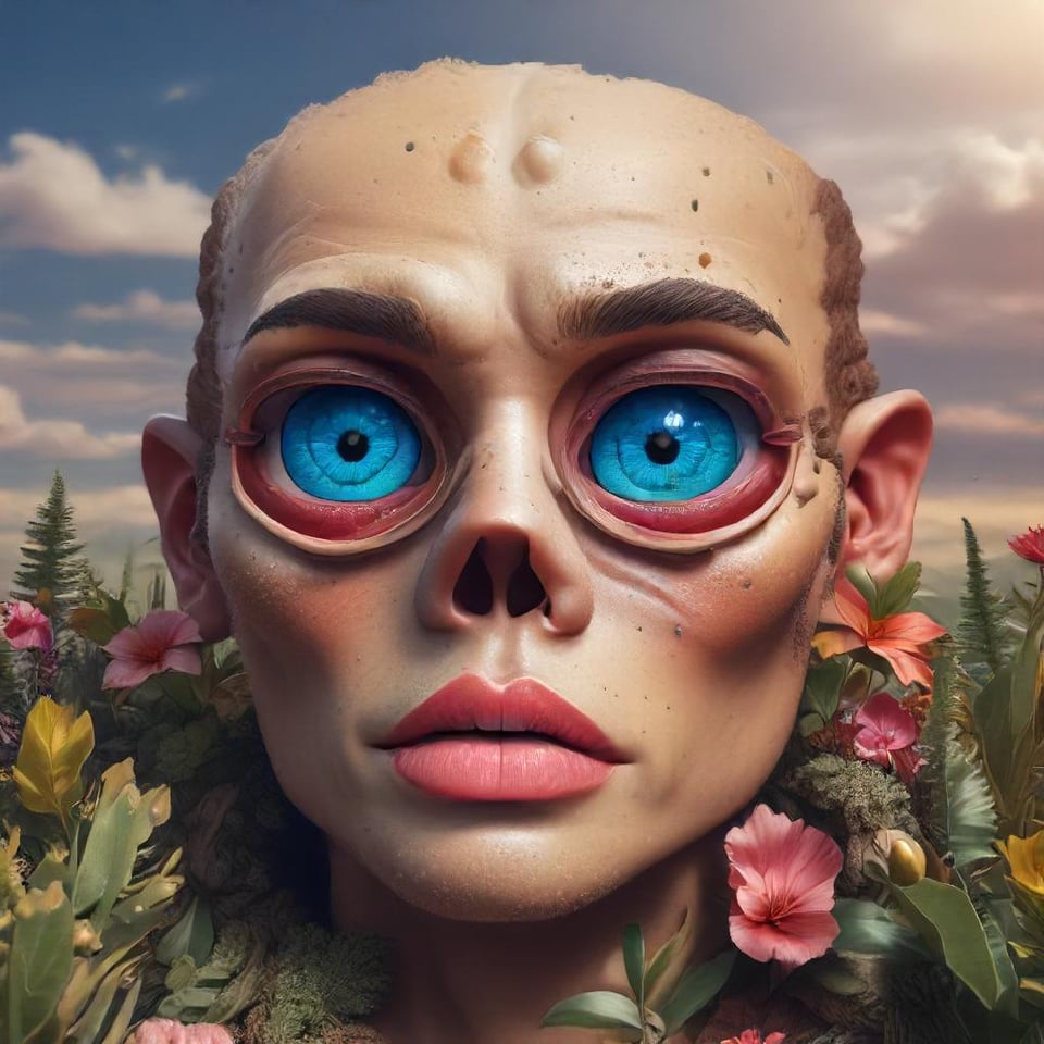a beautifully surreal head(ish) surrounded by flowers