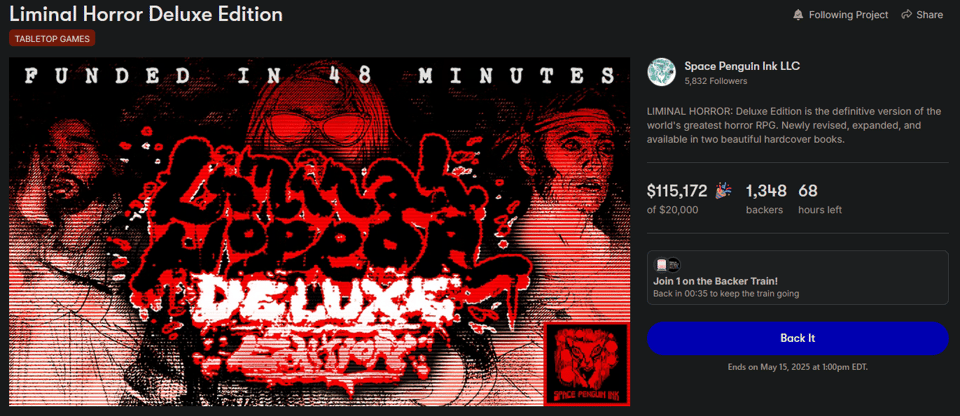 Liminal Horror Deluxe Edition backerkit page screenshot