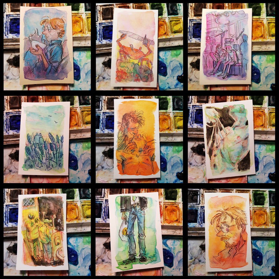 A 3x3 grid of photos of sketchcards.