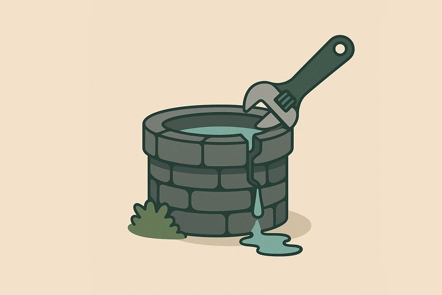 An image of a leaking well being repaired with a tool