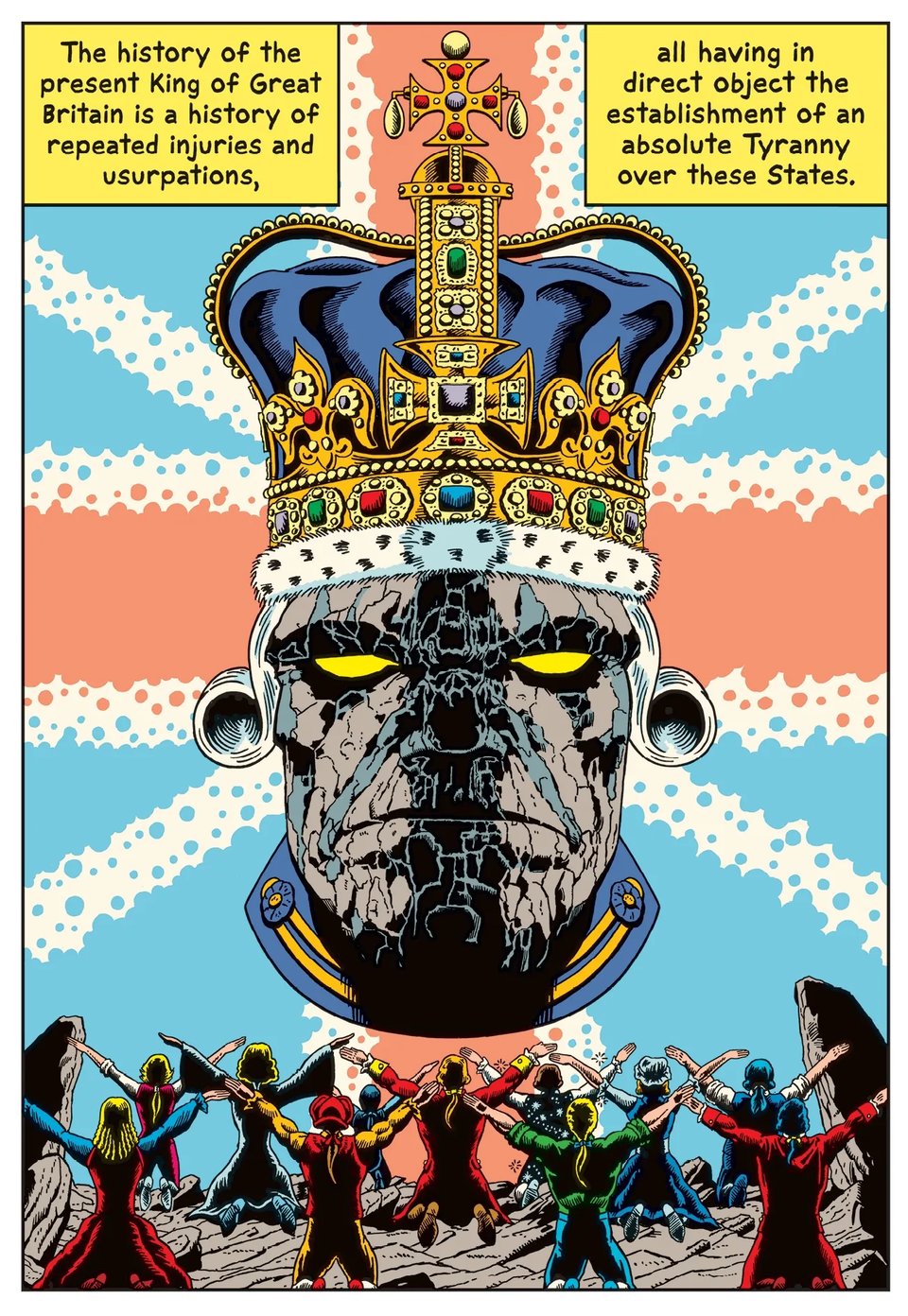 Panel from R Sikoryak's DECLARATION ILLUSTRATED, parodying the cover of an issue of the Legion of Super Heroes, feat. Darkseid in a royal wig & crown