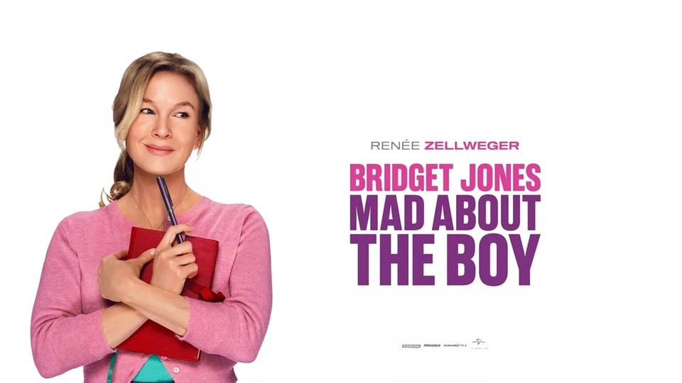 Movie poster showing Renée Zellweger as Bridget Jones in a pink cardigan, smiling while holding her iconic red diary, with the film title "Bridget Jones: Mad About the Boy" in pink and purple text.