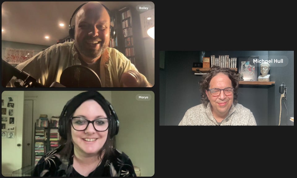 Guest Marya E. Gates with co-hosts Jason Bailey and Mike Hull.