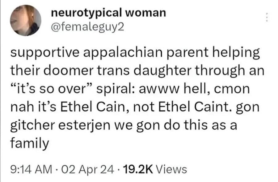 twitter screenshot of a post from @femaleguy2. supportive appalachian parent helping their doomer trans daughter through an "it's so over" spiral: awww hell, cmon nah it's Ethel Cain, not Ethel Caint. gon gitcher esterjen we gon do this as a family