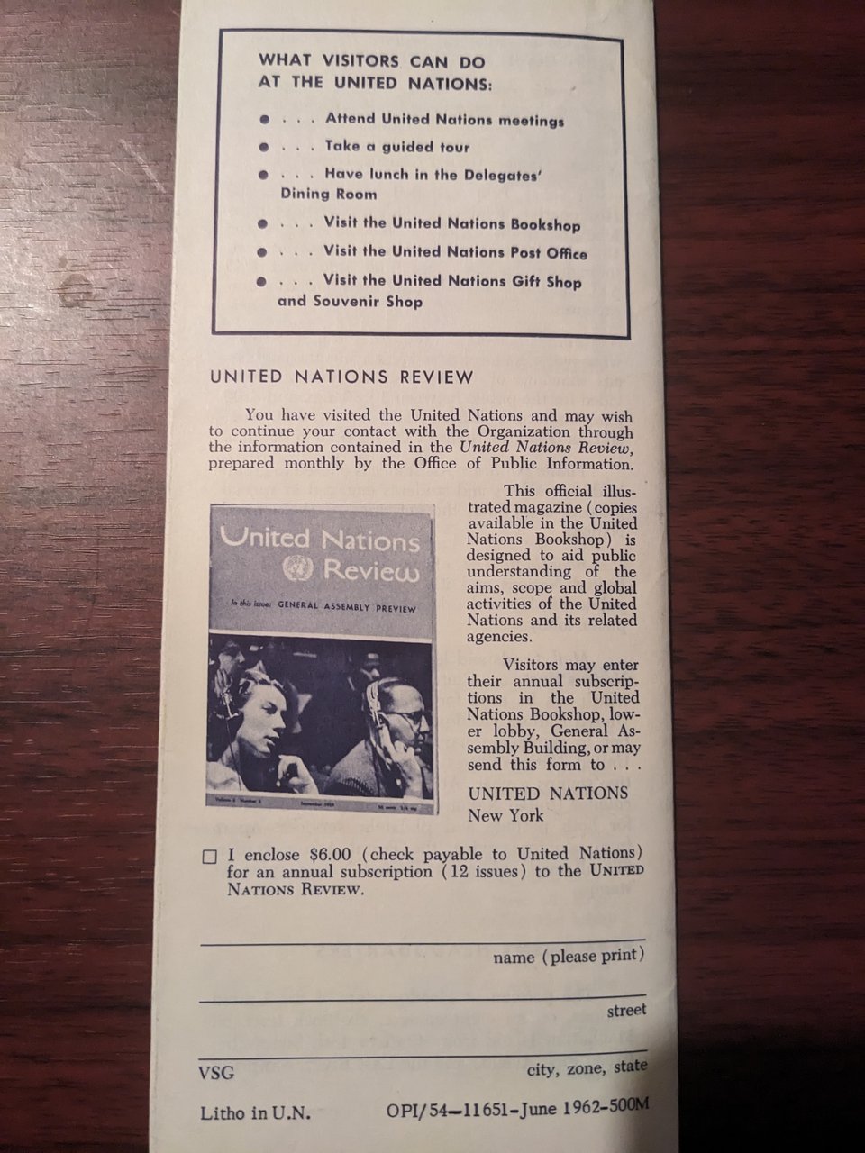 Back page of the UN visitors brochure, with a callout box of "What visitors can do at the United Nations" and a form to request the United Nations Review magazine.