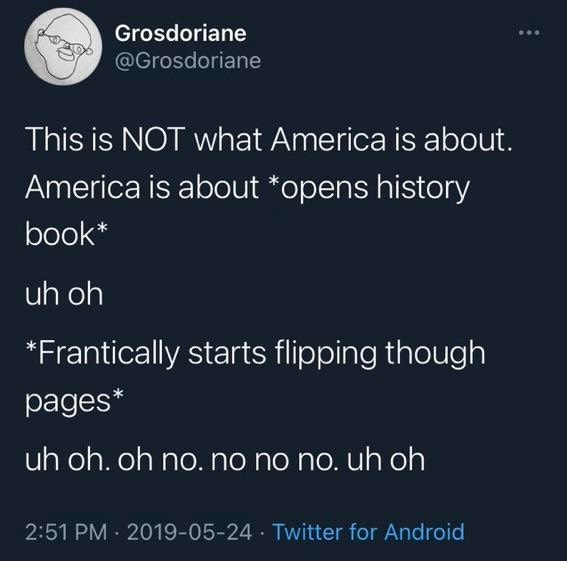 Tweet by @Grosdoriane, 2019-05-24:
This is NOT what America is about.
America is about *opens history book*
uh oh
*frantically starts flipping through pages*
uh oh. oh no. no no no. uh oh