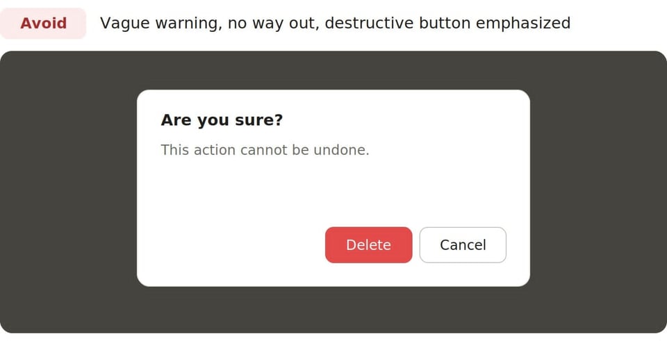Delete confirmation dialog comparison showing a vague warning beside a clearer dialog with specific consequences and a safe default action