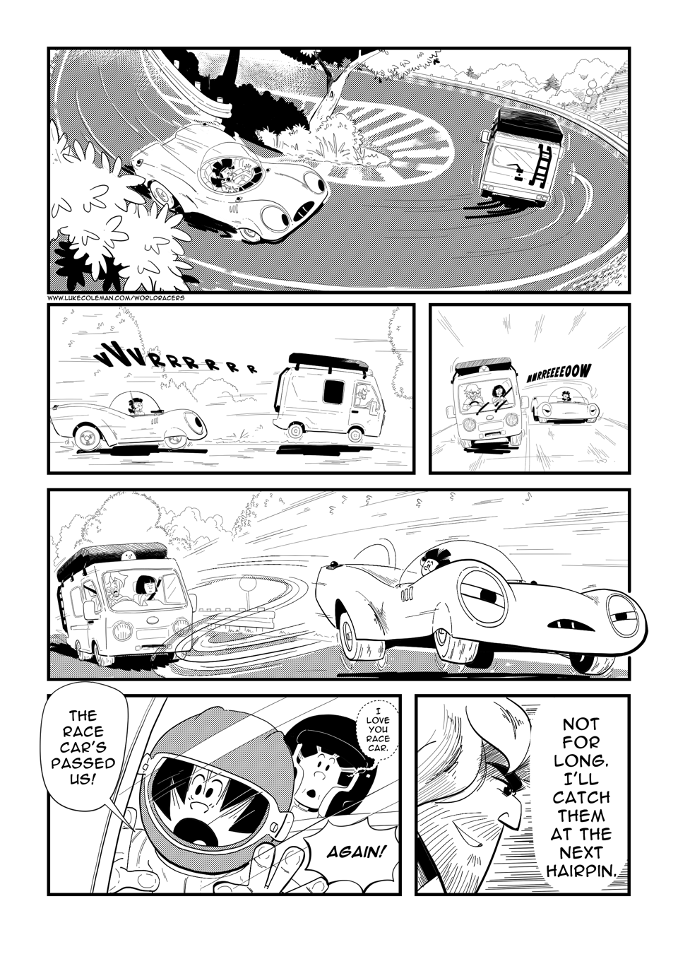 Worldracers Japan pg 6, Panel 1, Racecar follows as the camper van whips around the tight corner. Panel 2, 