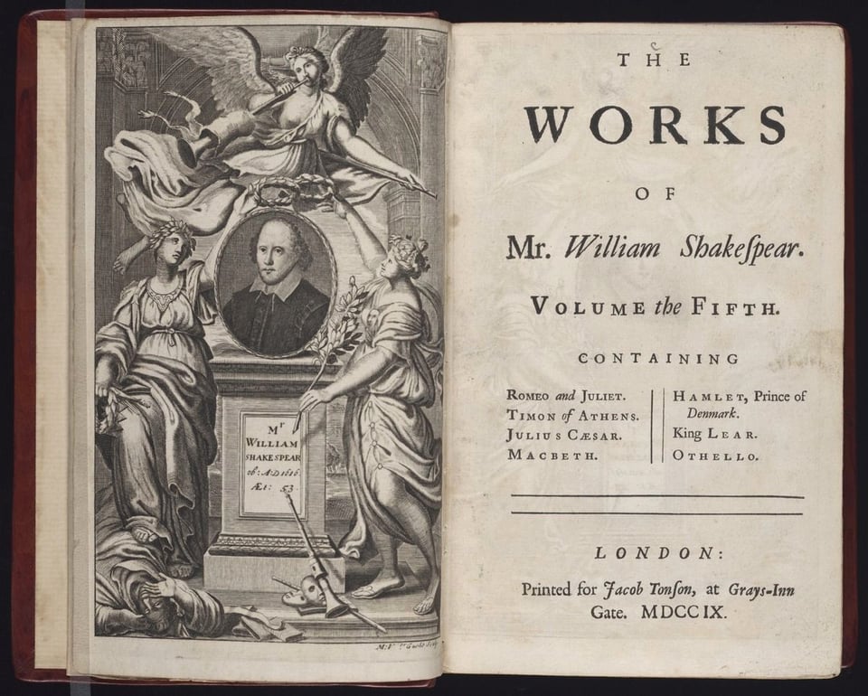 Title page from The Works of William Shakespeare, printed by Jacob Tonson in 1709. Facing page features Shakespeare's picture surrounded by angels.