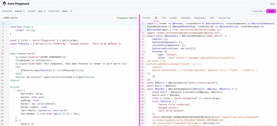The Astro playground showing Astro code on one side of the screen, then the other half shows tabbed panels were you can view the rendered content, JS, CSS, and more.