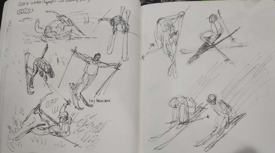 30 Second gestural sketches of people who are professional skiiers
