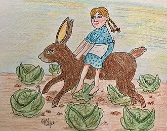 Image of a young girl on the back of a hare surrounded by cabbages – a pencil sketch.