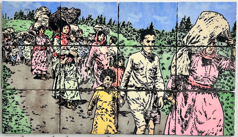 Painting of a Nakba scene, done in 12 panels. Each panel 12x16.