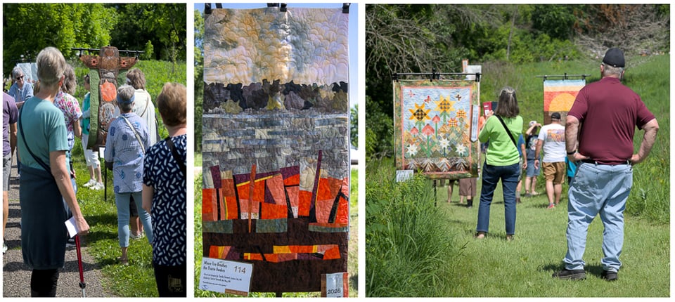 From left: Winner of the People’s Choice Award, “Prairie Totem Pole.” Pieced, quilted and designed by Debra Ninas, of Elgin, Minn. Winner of the Outstanding Artistic Merit Award, “Where Fire Breathes the Prairie Awakes.” Pieced and designed by Sandy Siewert, of Zumbro Falls, Minn. Quilted by Lorrie Sonnek, of Red Wing, Minn. Winner of the Park Rangers’ Award, “A Slice of the Prairie.” Pieced, quilted and designed by Marge Kaufer, of Zumbrota, Minn. / Photos by David Ender