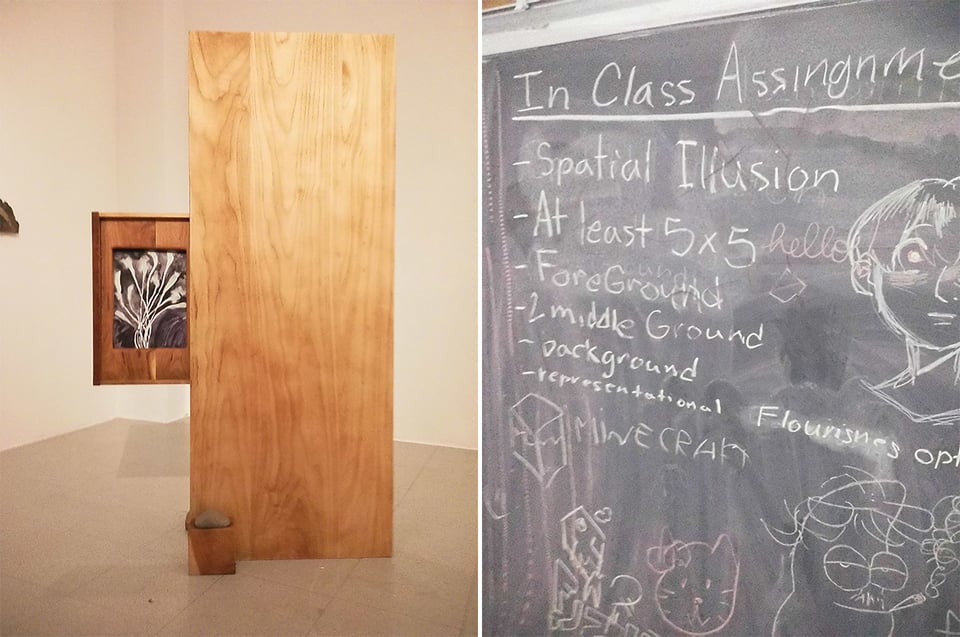 Two Instax photos: left, a wood sculpture and frame by Devin Edwards; right, a chalkboard with an in-class drawing assignment written on it