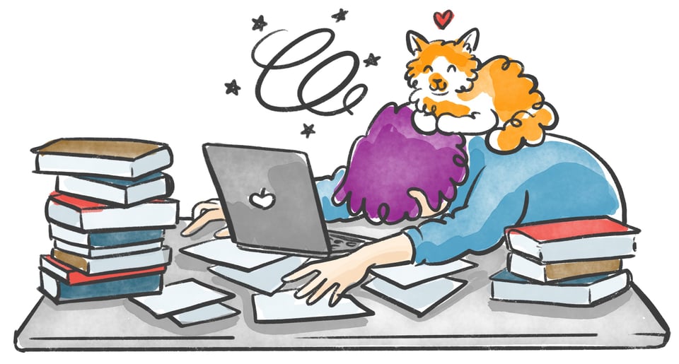 A drawing of the artist collapsed in front of a laptop, surrounded by scattered pages and stacks of books, with a fluffy orange cat happily loafing on her collapsed form