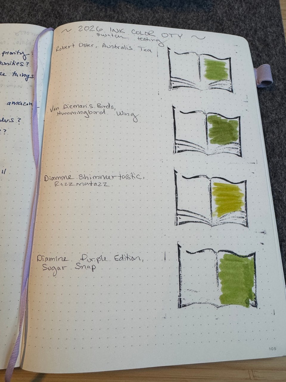 A dot grid notebook page titled 2026 Ink Color OTY Swatch Testing. On the right side of the page, book-shaped stamps have been colored in with four different colors of green ink. The first is labeled Robert Oster, Australis Tea. It's a spring pea green. The second is Van Dieman's Birds Hummingbird Wing, it's a glittery olive green. The third is Diamine Shimmertastic Razzmatazz, a golden pea soup green with nice sparkle. Finally, Diamine Purplle Edition Sugar Snap, which is a glittery asparagus green.