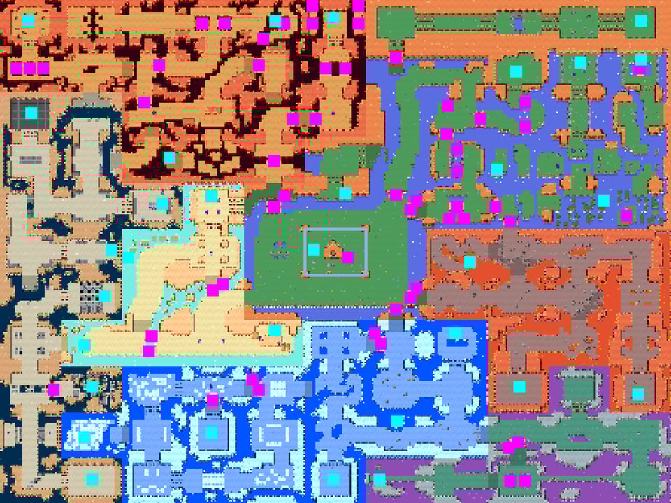 A zoomed out action-adventure game world map with a field, a volcano, an ice area, a swamp, a beach, a cave and a canyon