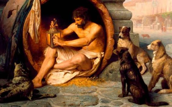Painting of Diogenes with three dogs next to him