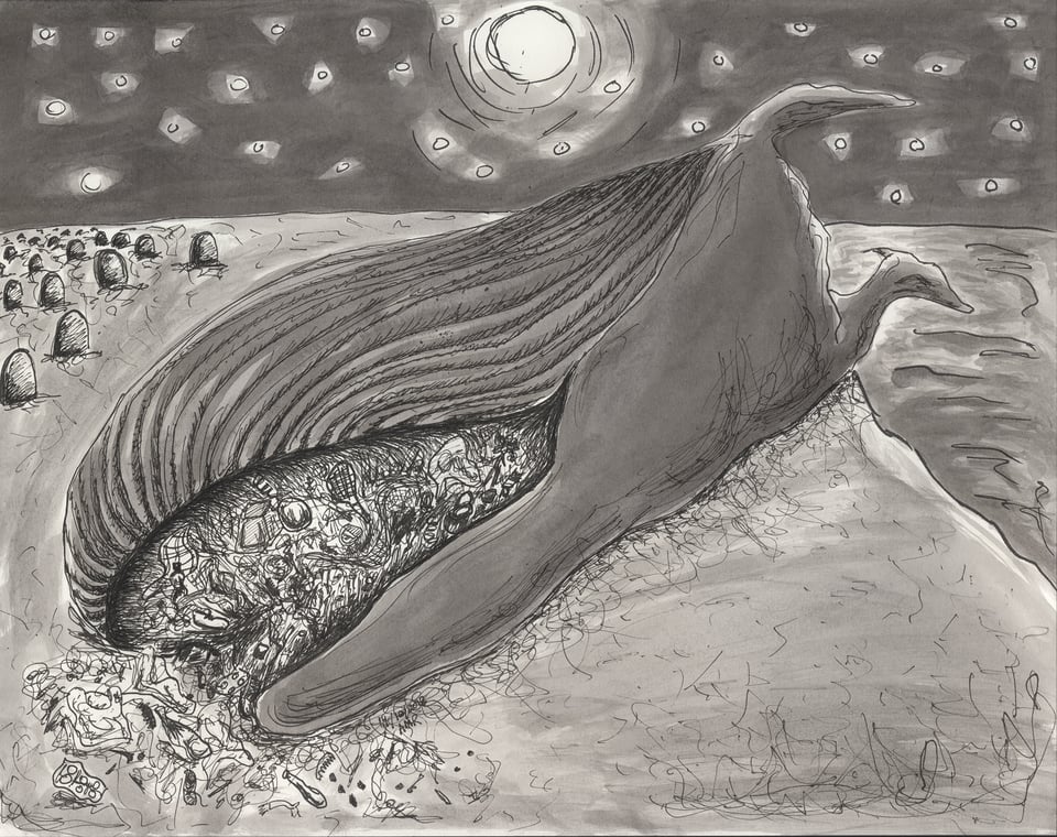 The Ocean's Twilight, which is a black and white ink drawing of a beached whale filled with plastic, where there is a cemetery in the background